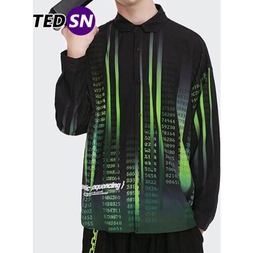 Big Data Print Long Sleeve Shirts Mens 2020 Autumn Harajuku Cotton Beach Shirt Hip Hop Streetwerar Color Block Loose Shirts Tops