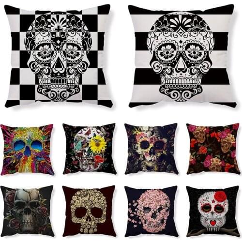 Skull Series Pillow Cover Flowers Print Living Room Sofa Cushion Cover Bedside Pillow Cover 45x45 Short Plush Pillowcase