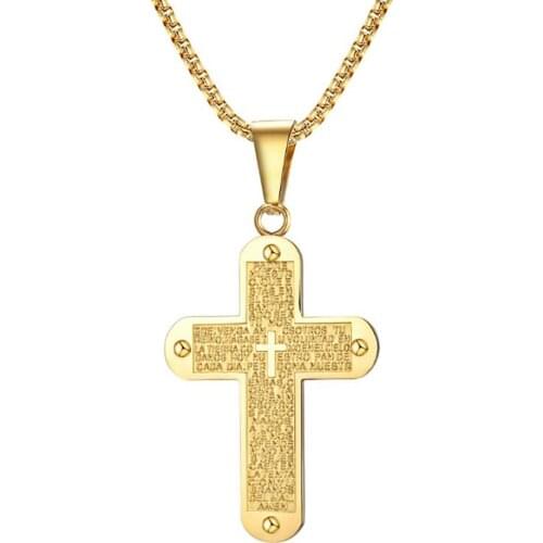 Stainless Steel Gold Scripture Jesus Christ Cross Pendant Necklace Religious Jewelry Gift For Him with Chain