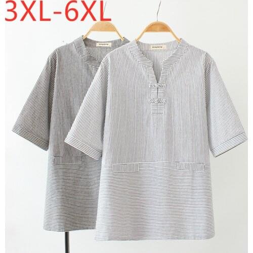 New 2021 summer plus size tops for women large loose short sleeve cotton black white stripe V neck T-shirt 3XL 4XL 5XL 6XL