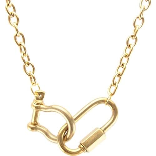 Strong carabiner shackle U hook charm women heavy Rolo cable Hiphop rock necklace Stainless steel gold color buckle clasp choker