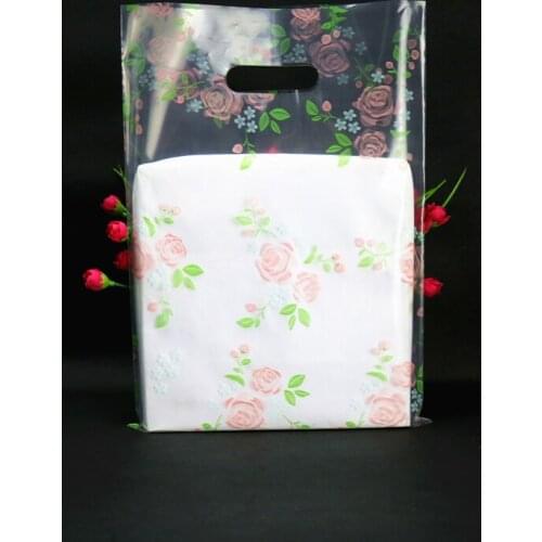50pcs- Clear Plastic Gift Bag with Handle Rose Flower Clothes Shopping Bag for Birthday Present Wedding Party Candy Packaging