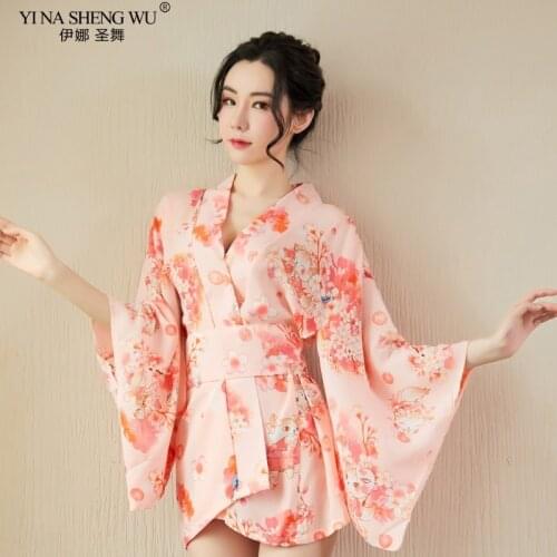 Sakura Girl Kimono Dress Japanese Style Yukata Bathrobe Women Floral Print Haori Sexy Lingerie Uniform CosplayCostume Short Gown
