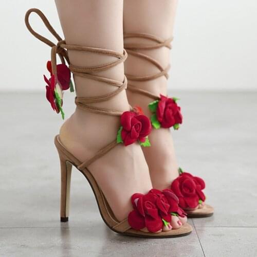 Woman Sandals Summer Woman High Heel Shoes Flower High Heel Sandals Ankle Strap Peep Toe Rubber Heel Sandals Bridal Party Shoes