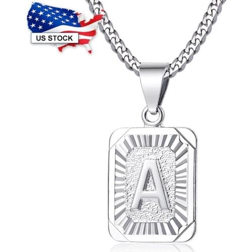 Silver Color Initial Letter Square Pendant Necklace For Women Men 3mm Stainless Steel Cuban Link Chain Necklace Wholesale LGP118