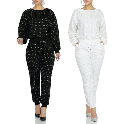 2020 Spring Hot Drilling Tracksuit Two Piece Set O Neck Long Sleeve Pullover Sweatshirt +Casual Pants Women Night Club Outfits