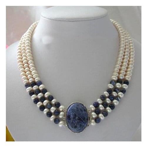 Pearl Necklace,Classic 3 Rows 7-8mm Round White Freshwater Pearls Blue Crystal Necklace,Perfect Women Chirtstmas Gift