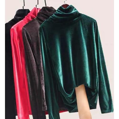 2020 Autumn Winter Plus Size M-5XL 6XL 7XL Gold Velvet Tops Woman Casual Turtleneck Solid Color Slimming Shirts Female