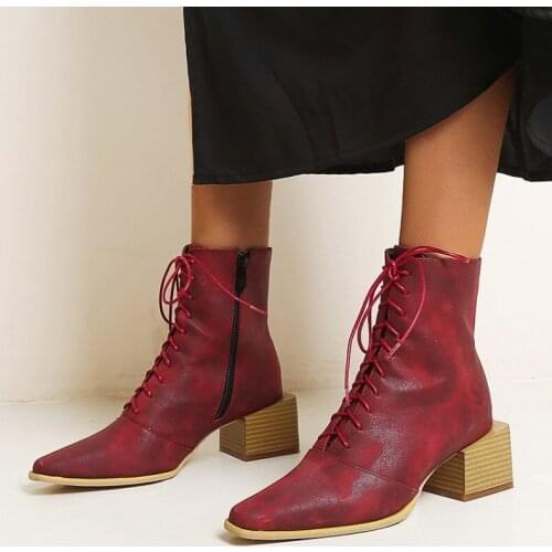 Size 34-48 High Heels Ankle Women Boots Square Toe Lace Up Footwear Female Motorcycle Boots Shoes Women Winter Chelsea Boots