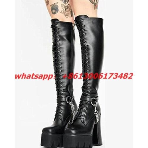 Plus size fashion knee-length high boots woman punk black square toe thick heel high platform knee high chain boots