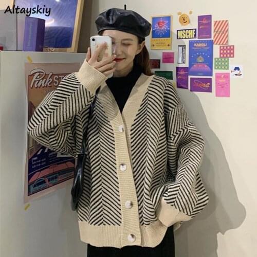 Cardigan Women V-neck Single Breasted Striped Korean Style Students Loose Casual Long Sleeve Mujer De Moda Female High Street