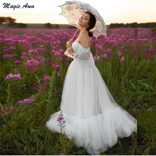 Magic Awn 2021 Boho Off The Shoulder Wedding Dresses Short Sleeves Lace Appliques Country Mariage Gowns Corset Back Robes Mariee