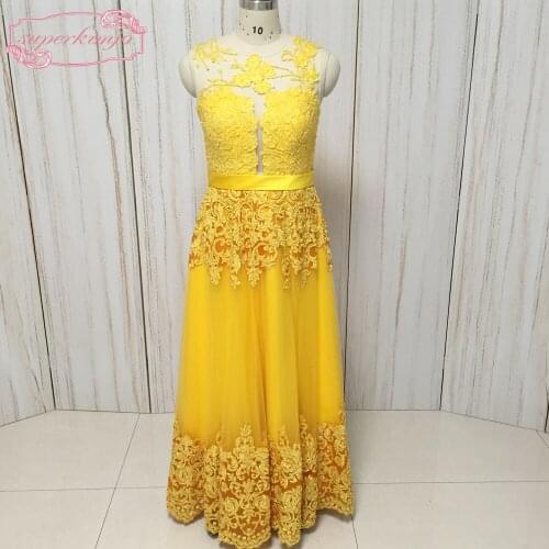 Gold prom dresses real picture beaded sheer crew neckline lace appliques flowers beading evening dresses yellow tulle from dress