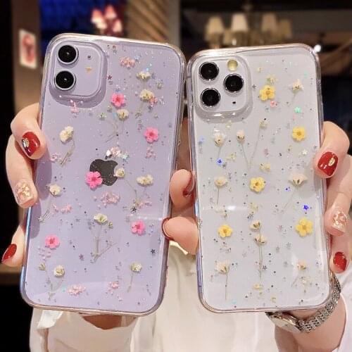 Real Dry Flowers Glitter Clear Phone Case For iPhone 11 12 13 Pro Max XS Max XR X 8 7 Plus Shockproof Epoxy Soft Bumper Cover