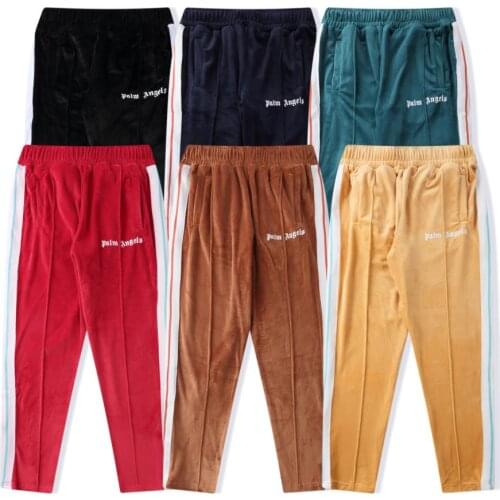 Palm Angels 22SS Logo letters Velvet Side Zipper Retro Campus Men Women couple Sports Casual tyle Pants Fashion pants
