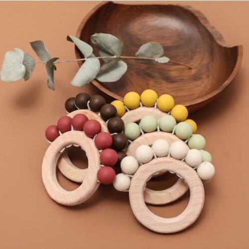 Food Grade Baby Teethers Wood Rings Bpa Free Silicone Rodent Teething Baby Toys Feeding Bracelet Pendant Newborn Wooden Rattle