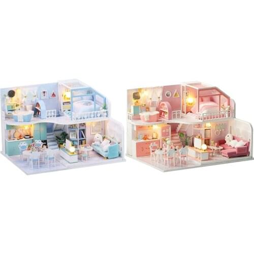 DIY 3D Wooden Doll House Miniature Dollhouses Set Furniture Kit with LED Toys for Children Gift