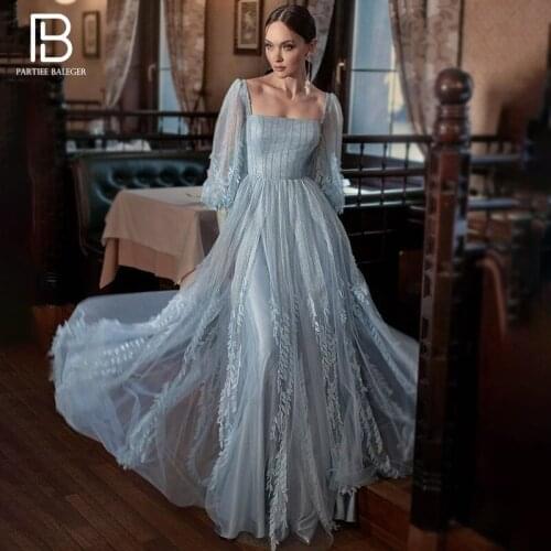 PB Chic Ice Blue Sequins Maix Long Dress Leaves Appliques Design Lantern Sleeves Celebrity Party Club Vestido Free Shipping