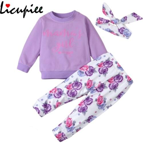 Baby Girls Three-piece Clothes Set, Purple Round Collar Top + Floral Printed Pattern Long Pants + Headdress 0-24 Months