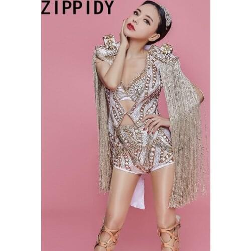 Gold Sequins Epaulet Fringes Costume Bra High Waist Short Female Singer Stage Dance Performance Wear Show Top Bottom Set