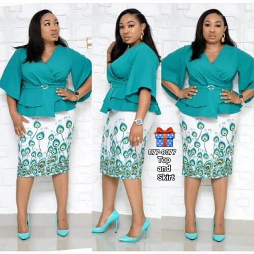 2019 Summer African Dress African Slim Womens Print V-neck Lotus Top + Bottoms Skirt Set African Print Dresses