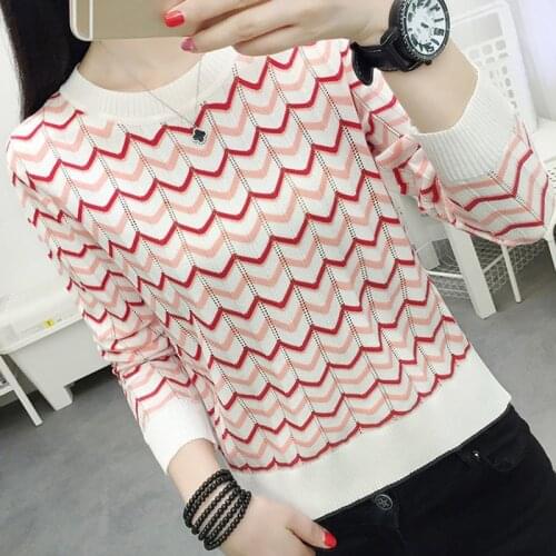 LJSXLS 2020 Autumn Winter Pullovers Fashion Striped O-Neck Knitted Sweater Women Clothes Long Sleeve Hollow Out Woman Sweaters