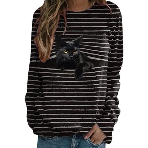 New Ladies Casual Long-Sleeved Round Neck Cat Print Stitching T-Shirt Top Pullover for Autumn Winter TT@88