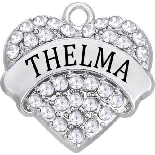 Transparent Rhinestone Crystal Inlaid Heart-shaped Metal Pendant Engraving THELMA Words Charm for DIY Jewelry Accessories