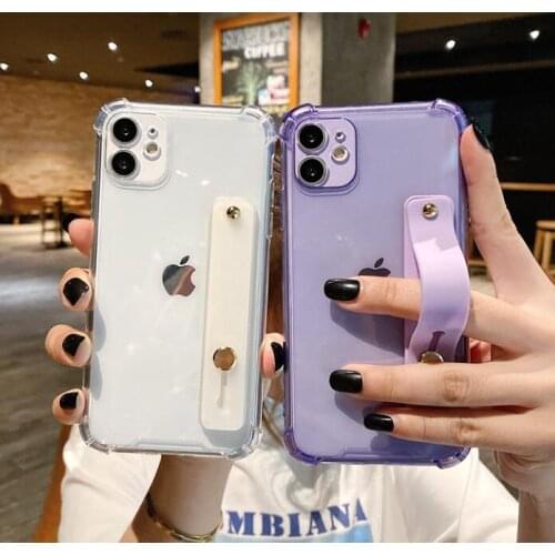 Transparent Fluoresce Wrist Strap Phone Case for IPhone 11 Pro Max X XR Xs 7 8 Plus SE 2020 Shockproof Soft Tpu Stand Cover