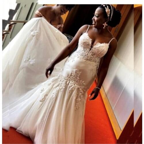 Sexy African Mermaid Wedding Dresses 2020 Spaghetti Straps Appliques Lace Up Back Bridal Dresses Robe de mariee