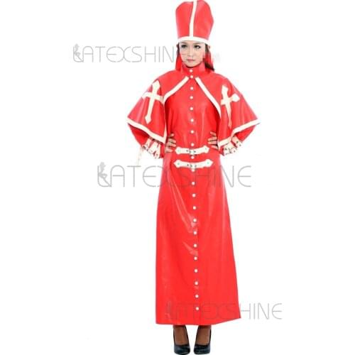 Stylish Red Nun Latex Catsuit Sexy Straight Long Dress with Hat