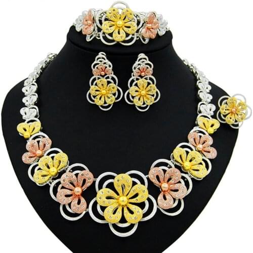 Yulaili Hot Sale Bridal Wedding Jewelry Sets Flower Shape Crystal Necklace Stud Earrings Bracelet Ring For Women Accessories