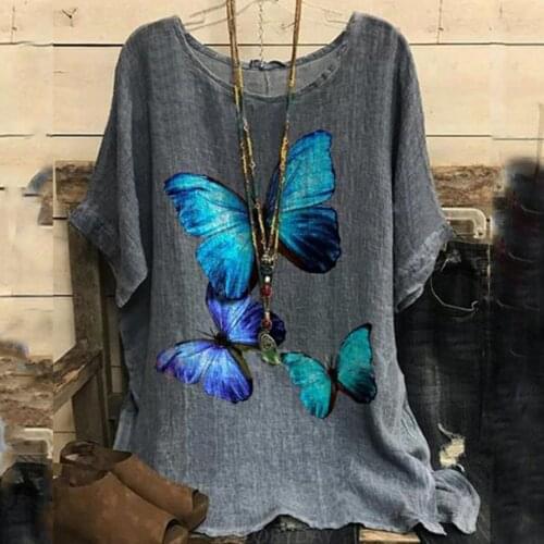 Floral Butterfly Print Vintage Women Blouses Linen Cotton Blend O Neck Short Sleeve Harajuku Top Shirts Blouse Blusas Mujer 3