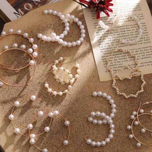 IFMIA Boho Simple Plain Gold Color Metal Pearl Hoop Earrings Fashion Big Circle Hoops Statement Earrings for Women Party Jewelry
