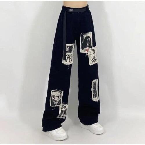 Women Loose Vintage Female Pants Fashion Femme Harajuku Gothic Baggy Jeans Female Pants Casual Funny Gothic Pants Summer Jeans