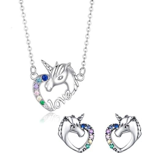 MIQIAO 925 Sterling Silver Unicorn Cute Animal Love Heart Necklace Pendant Piercing Earrings Set for Women Girls Fashion Jewelry