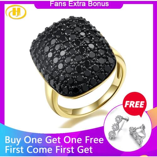 HUTANG Yellow Gold Color Womens Cluster Ring Natural Gemstone Black Spinel 925 Sterling Silver Rings Fine Elegant Jewelry Gift