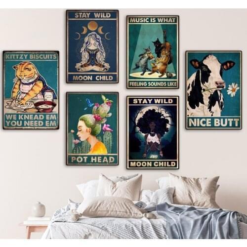 Abstract Black Girl Illustration Cat Cows Nordic Posters Prints Canvas Painting Stay Wild Wall Art Pictures Living Room Decor