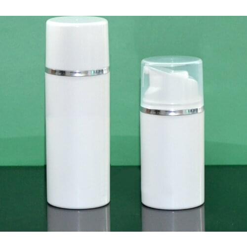 80ML white plastic airless bottle with silver line , white pump and white lid for Cosmetic Packaging product