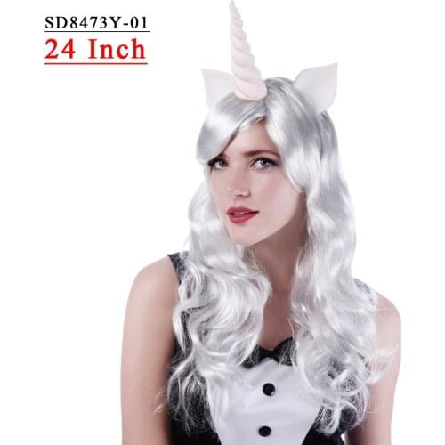 Free Beauty 24'' Long Wavy White Synthetic Unicorn Pony Cosplay Wigs with Bangs Horn And Ears for Kid Teen Adult Party Birthday