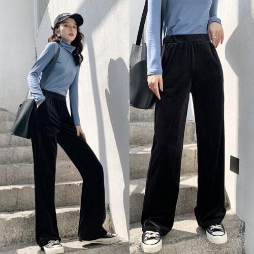 Women Loose Wide Leg Pants Spring Autumn Solid High Waist Elastic Simple Casual Office Lady Straight Pleated Long Trousers
