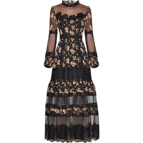 Black Runway Fashion 2021 High Quality Designer Spring Long Sleeve Mesh Floral Print Ruffles Midid Dress