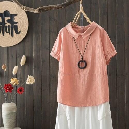 New Sweet Peter Pan Collar Solid Color Tees Shirts For Woman Short Sleeved Casual Summer Tops T-Shirt Short Sleeve Cotton Linen