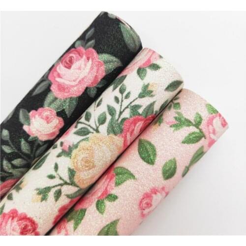 Rose Printed Synthetic Leather Glitter Vinyl Fabric Sheet Felt Backing Synthetic Leather Faux Vinil for Bows DIY A4 SIZE R268