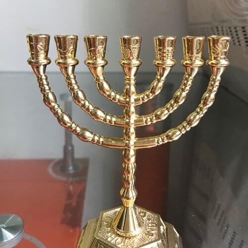 Judaism Menorah Israel Jerusalem Temple Menorah 7 Branches Candelabra Hanukkah (Gold, 4.9 Inches)