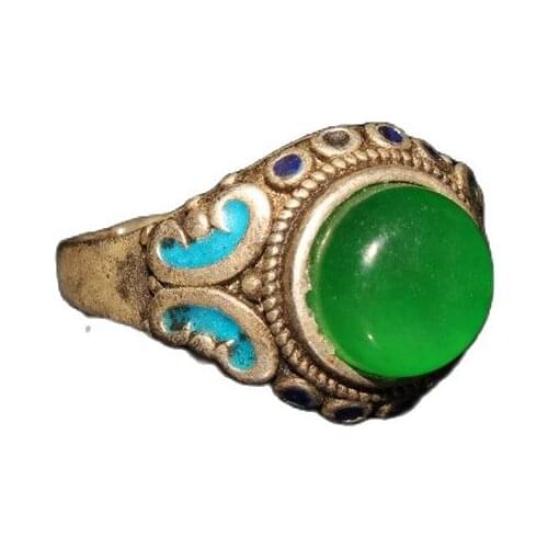 China Old Tibetan Silver Inlaid Emerald Cloisonne Silk Ring