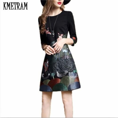 KMETRAM 2020 Spring Dresses Three Quarter O Neck Embroidered A Line Elegant Female Slim Vintage Dresses Vestidos De Fiesta HH825