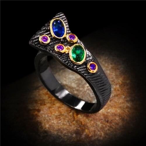 Charm Female Rainbow Crystal Stone Ring Vintage 14KT Black Gold Wedding Ring Luxury Geometry Engagement Big Rings For Women