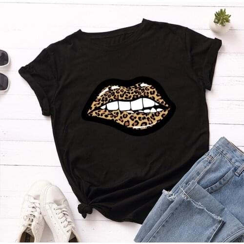 S-5XL Plus Size Summer T Shirt Women O-Neck Short Sleeve 100% Cotton Sexy Leopard Lips Print T Shirts Casual Tee Tops