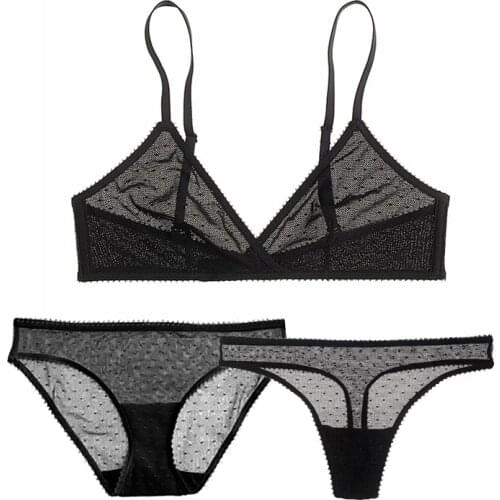 New Women Thin Mesh Transparent Lace Underwear Unlined Sexy Ladies Bra Set Deep V Bralette Lingerie Set 1 Bra + 2 Panties